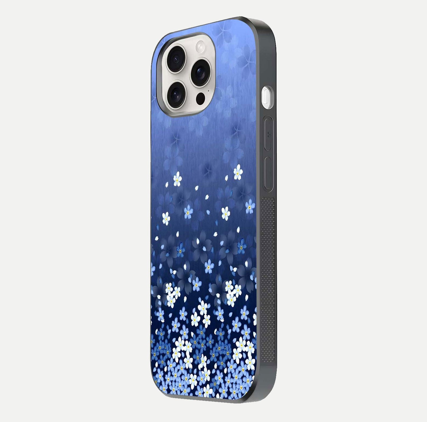 Blue Starry Glass Case for iPhone 15 Pro Max side-angle photo showing light reflection and detailed star pattern