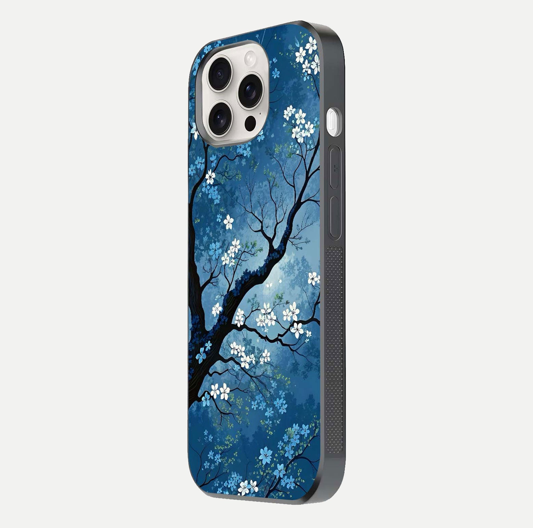 Blue Tree Serenity Glass Case for iPhone 15 Pro Max side-angle shot showing glossy edge and tree pattern reflection