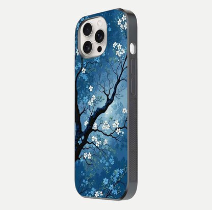 Blue Tree Serenity Glass Case for iPhone 15 Pro Max side-angle shot showing glossy edge and tree pattern reflection