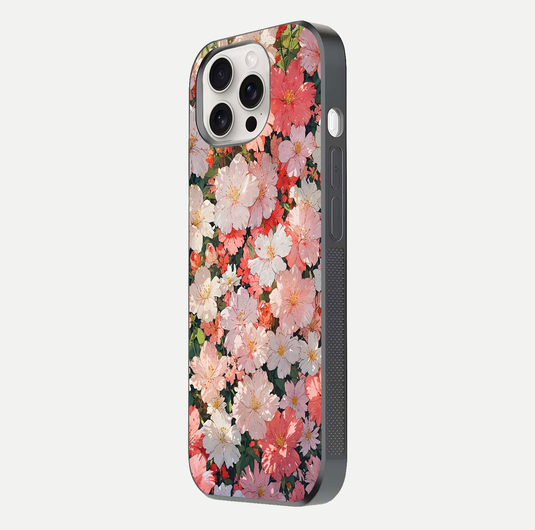 Blush Bloom Field Glass Case for iPhone 15 Pro Max side-angle image showing petal pattern gloss and smooth edges