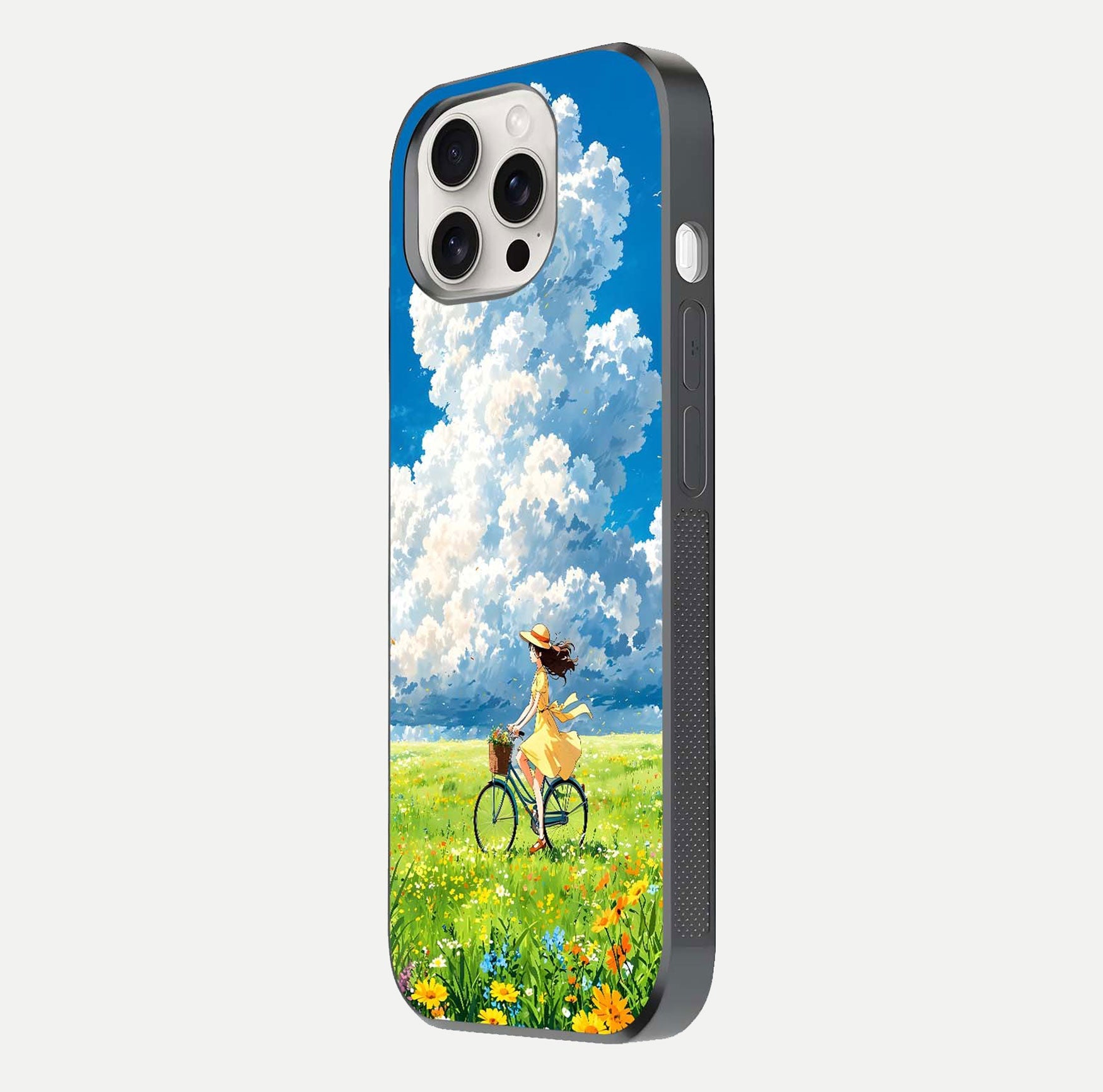 Breezy Meadow Ride Glass Case for iPhone 15 Pro Max side-angle image showing floral details and edge glow