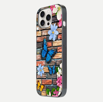 Brick Bloom Flight Glass Case for iPhone 15 Pro Max side-angle photo showing curve shine and detailed petal contrast