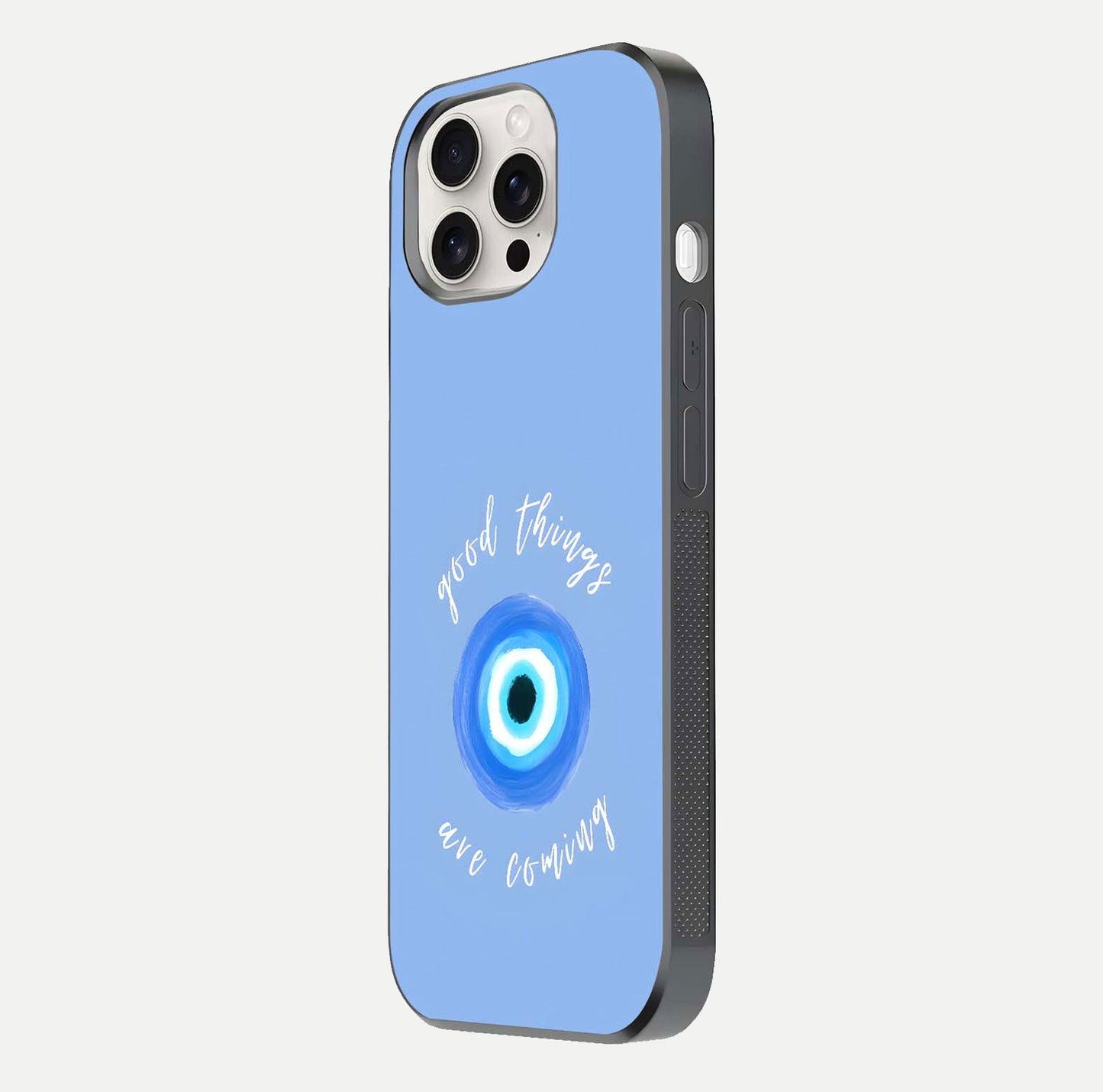 Bright Future Ahead Glass Case for iPhone 15 Pro Max side-angle image displaying edge smoothness and reflective surface