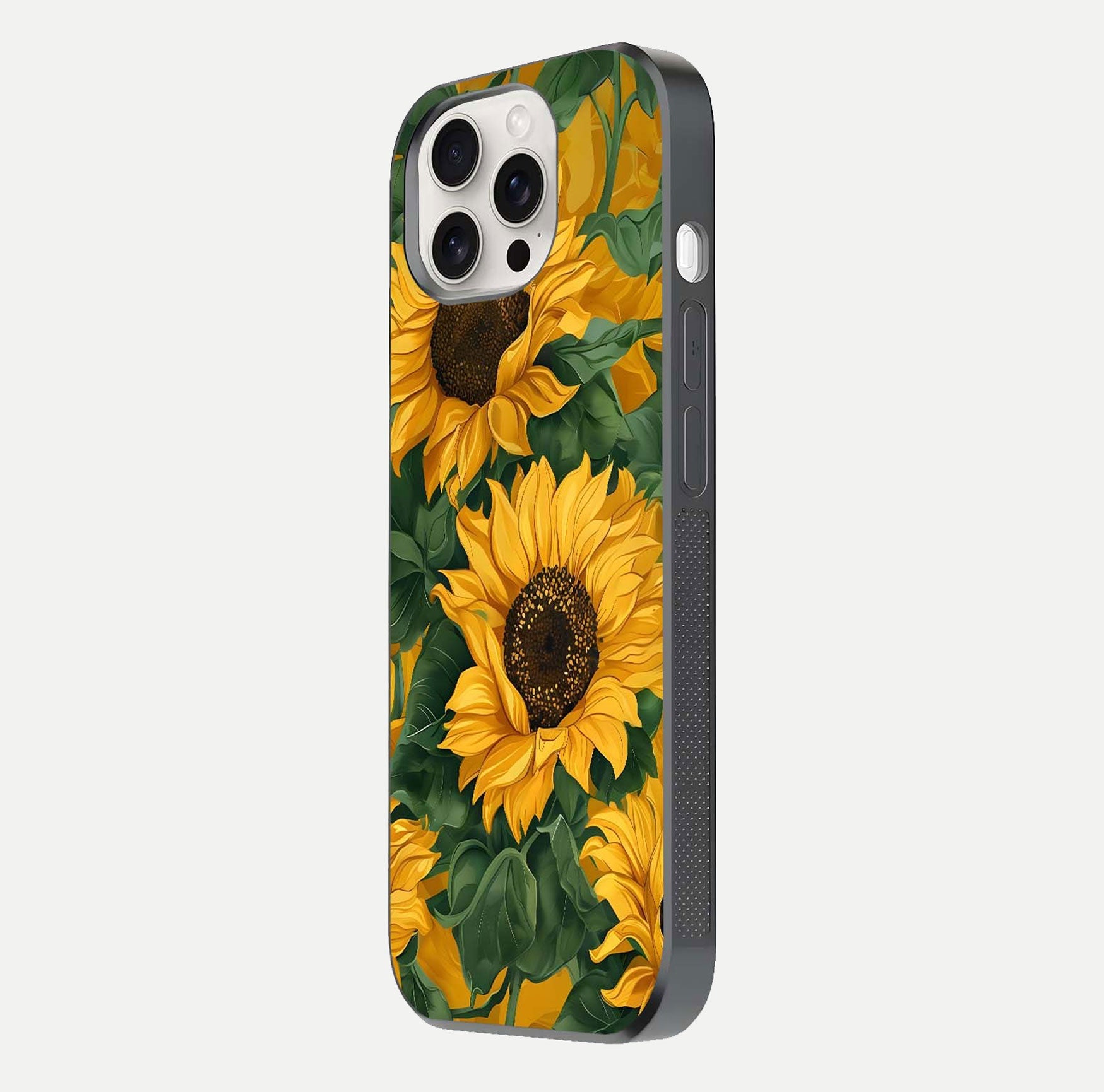 Bright Sunflower Bloom Glass Case for iPhone 15 Pro Max side-angle image showing shine texture and detailed bloom
