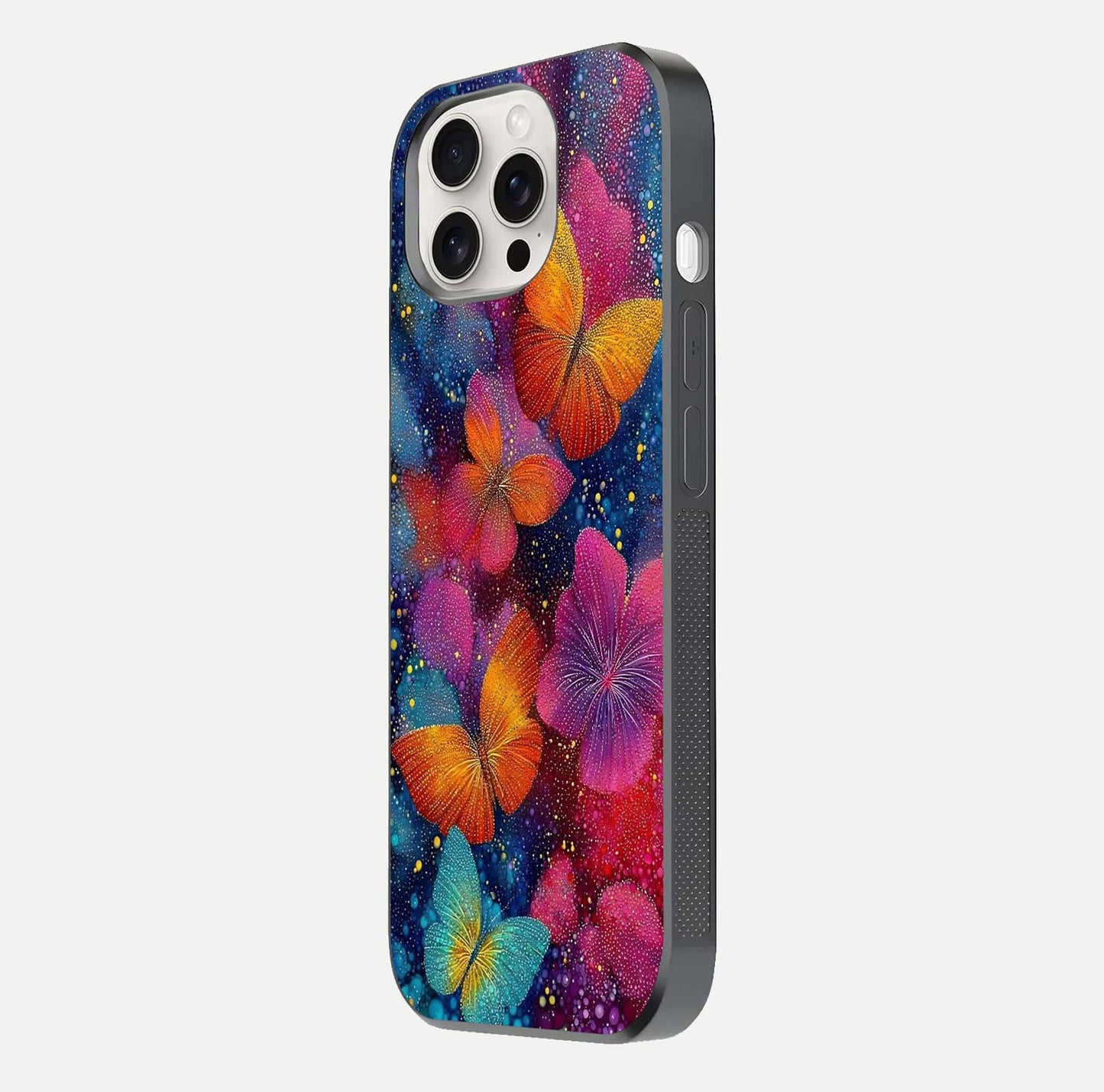 Butterfly Dream Mist Glass Case for iPhone 15 Pro Max side-angle image showing soft gradient and reflective glow