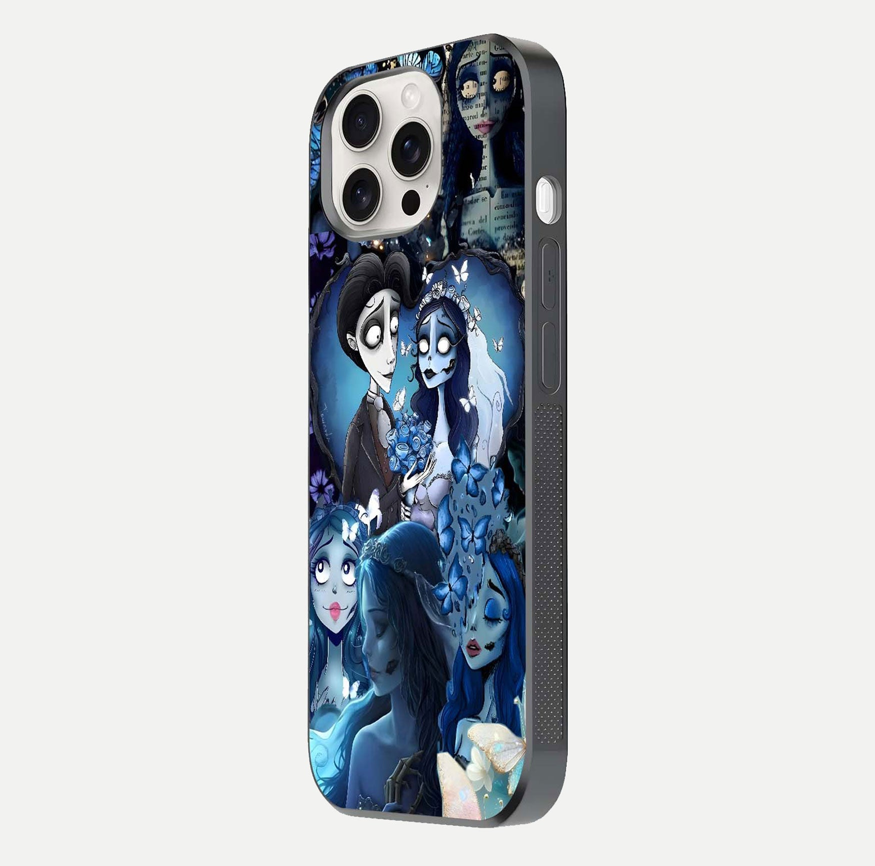 Butterfly Ghost Soul Glass Case for iPhone 15 Pro Max side-angle image capturing edge light and deep design tones