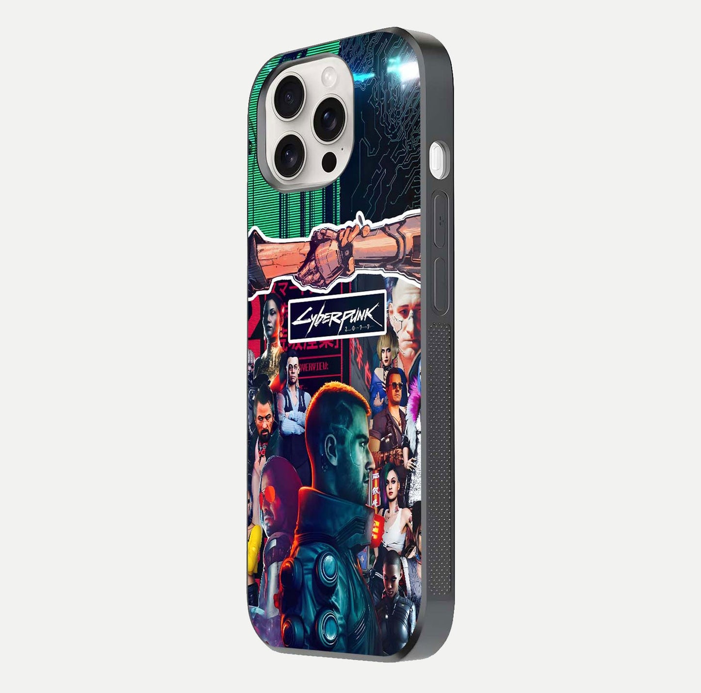 CYBERPUNK Legacy Glass Case for iPhone 15 Pro Max side-angle photo showing edge glow and reflective surface