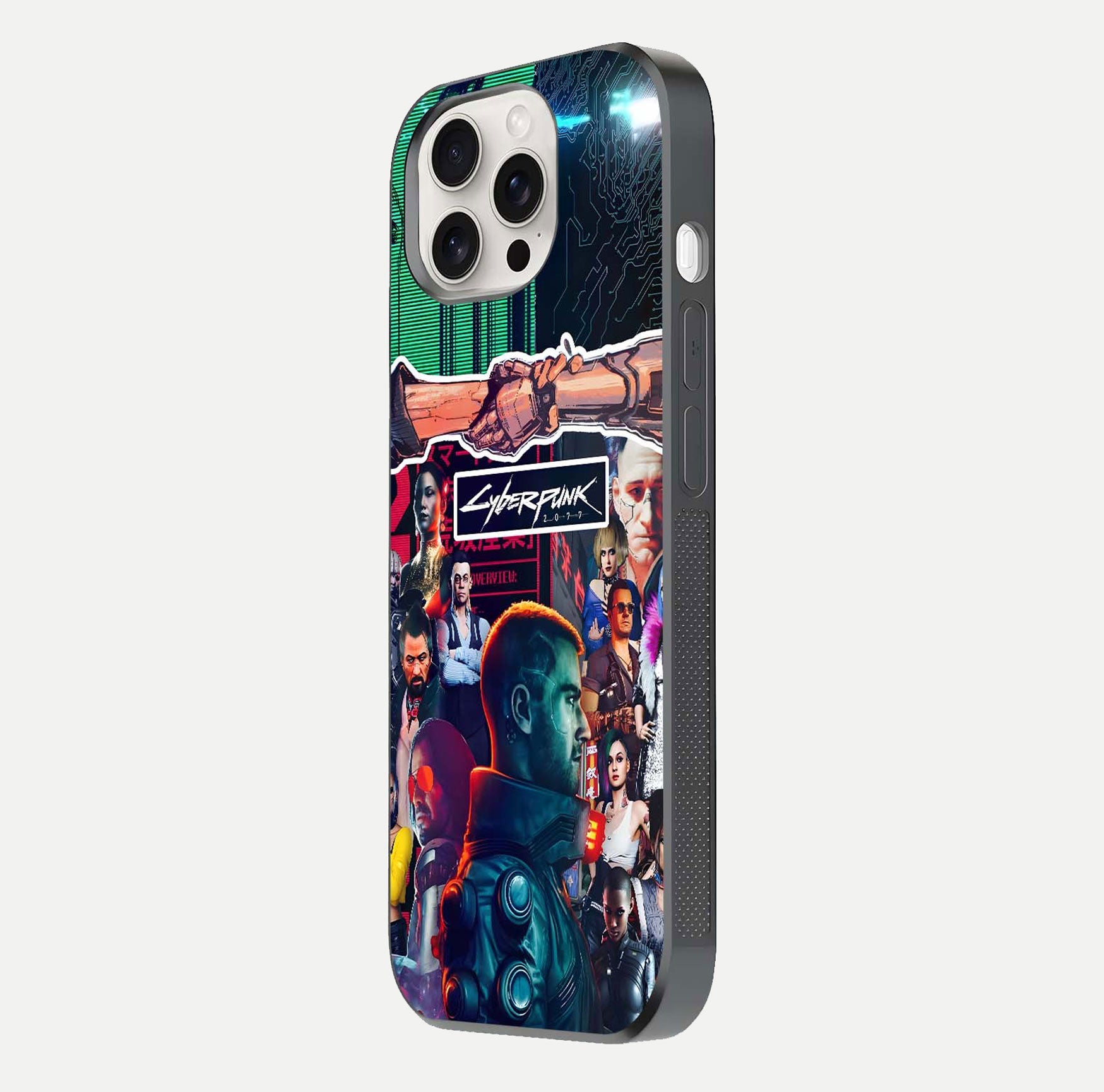 CYBERPUNK Legacy Glass Case for iPhone 15 Pro Max side-angle photo showing edge glow and reflective surface