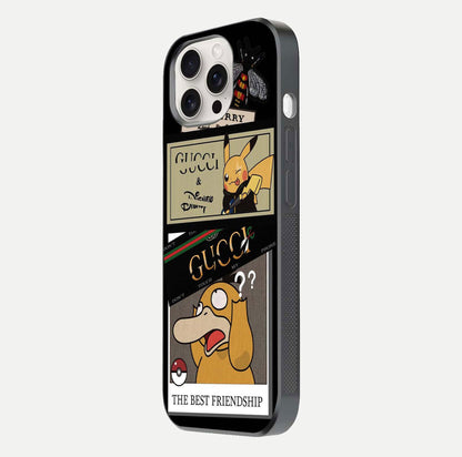 Cartoon Brand Play Mashup Glass Case for iPhone 15 Pro Max side-angle image showing reflection brightness and fun graphic mix