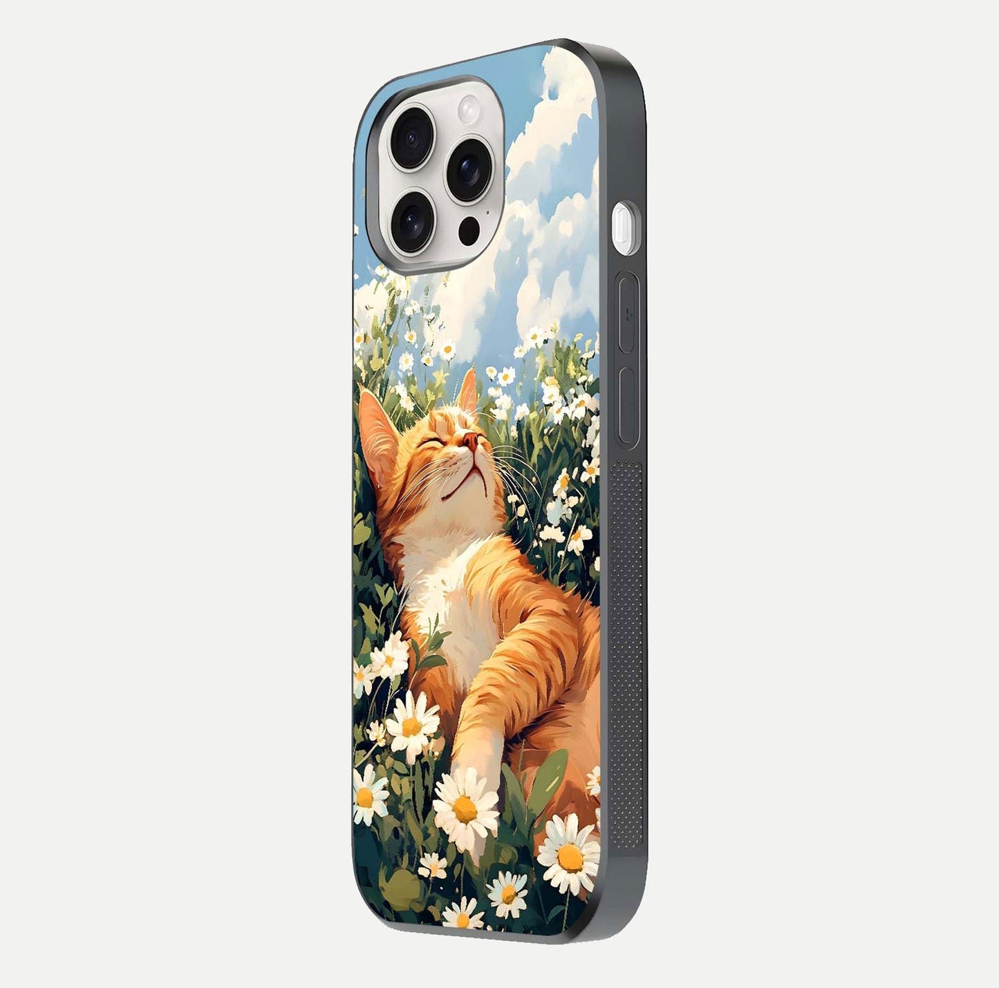 Cat & Flowers View Glass Case for iPhone 15 Pro Max side-angle image capturing cat print clarity and gloss tone