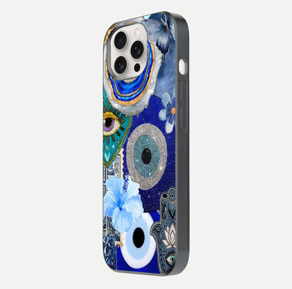 Celestial Blue Vision Glass Case for iPhone 15 Pro Max side-angle image capturing starlight shimmer and glass reflection
