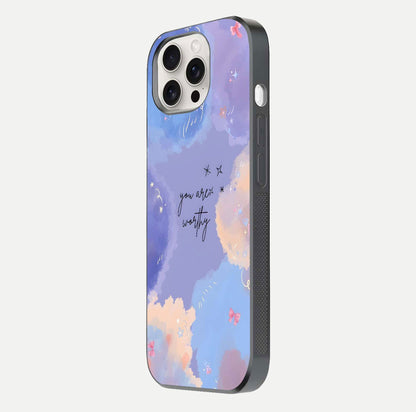 Celestial Cloud Magic Glass Case for iPhone 15 Pro Max side-angle photo showing edge reflection and dreamy texture