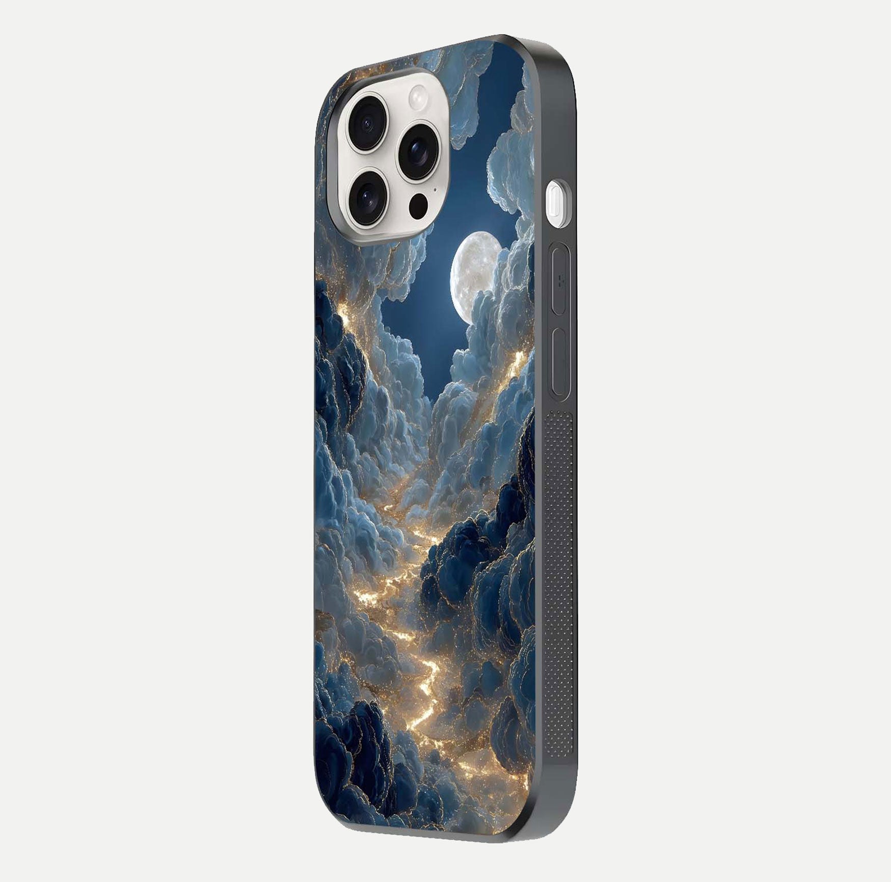 Celestial Cloud Road Glass Case for iPhone 15 Pro Max side-angle image showing soft pastel tones and edge clarity