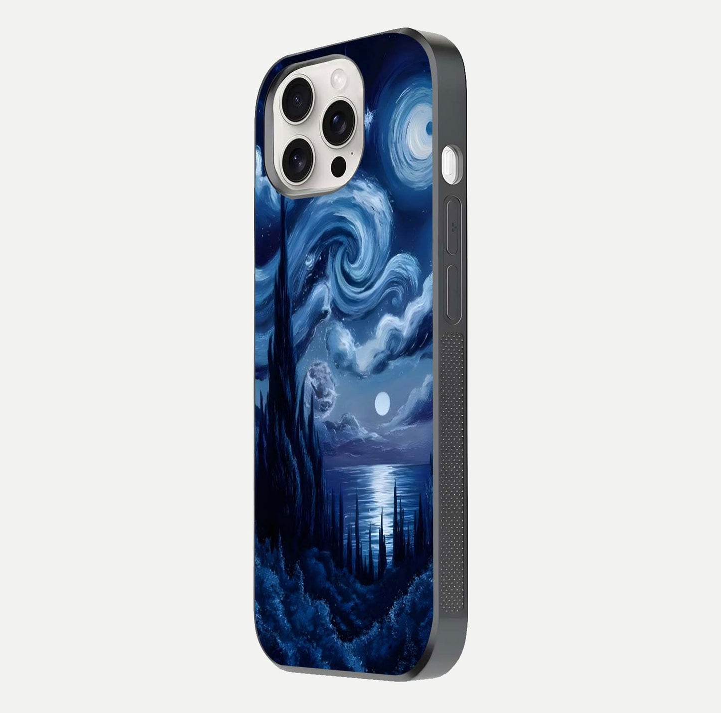 Celestial Dream Van Gogh Glass Case for iPhone 15 Pro Max side-angle photo showing depth swirl design and curved reflection