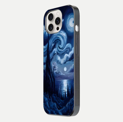 Celestial Dream Van Gogh Glass Case for iPhone 15 Pro Max side-angle photo showing depth swirl design and curved reflection