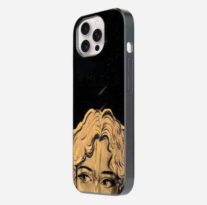 Celestial God’s Plan Glass Case for iPhone 15 Pro Max side-angle image showing gloss, camera frame, and cosmic tones