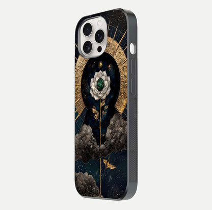 Celestial Lotus Morang Glass Case for iPhone 15 Pro Max side-angle image capturing shine and smooth curvature