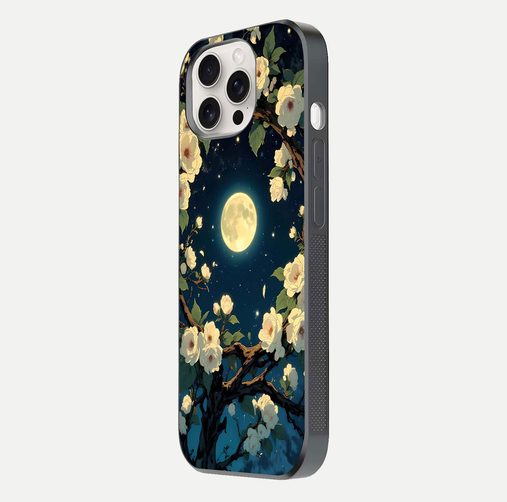 Celestial Moon & Flower Glass Case for iPhone 15 Pro Max side-angle image showing edge smoothness and glow reflection