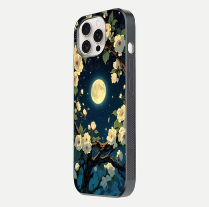 Celestial Moon & Flower Glass Case for iPhone 15 Pro Max side-angle image showing edge smoothness and glow reflection