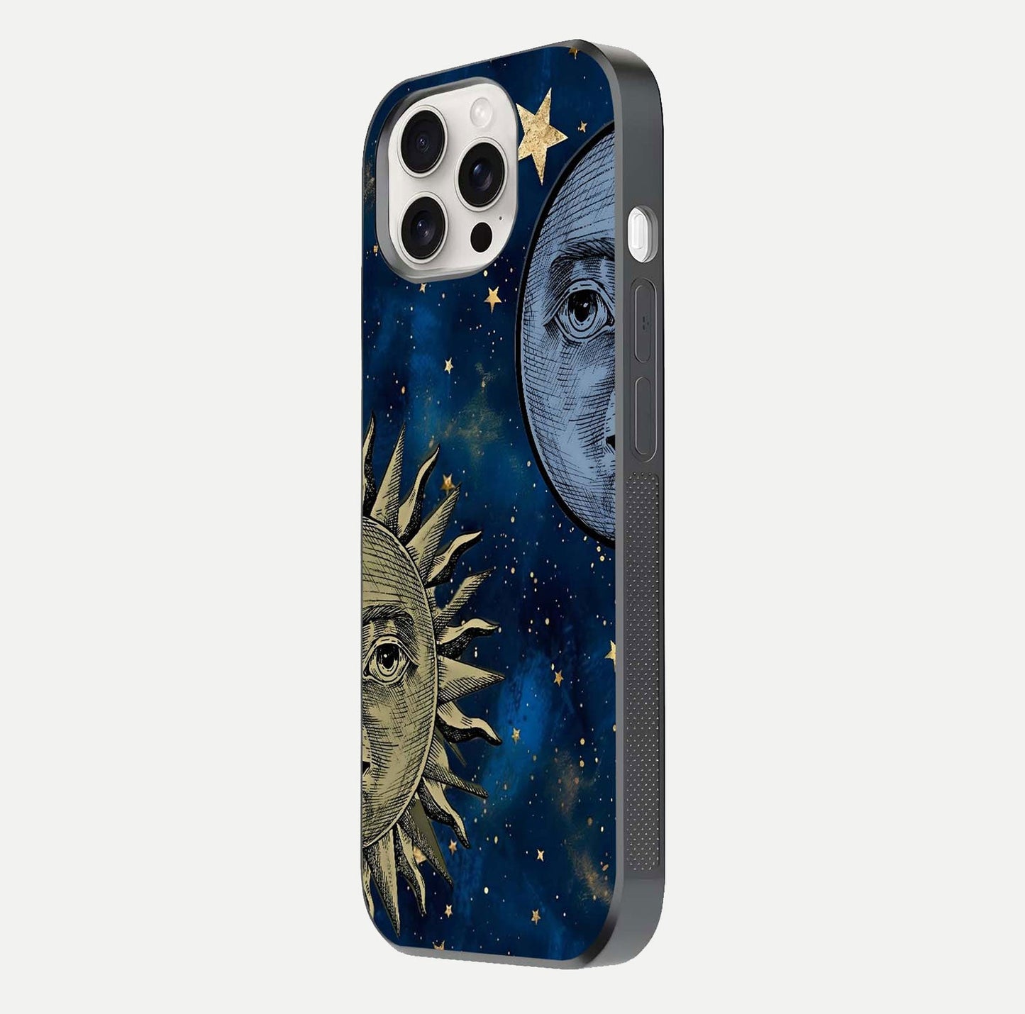 Celestial Moon With Sun Glass Case for iPhone 15 Pro Max side-angle image showing reflection tones and cosmic edge