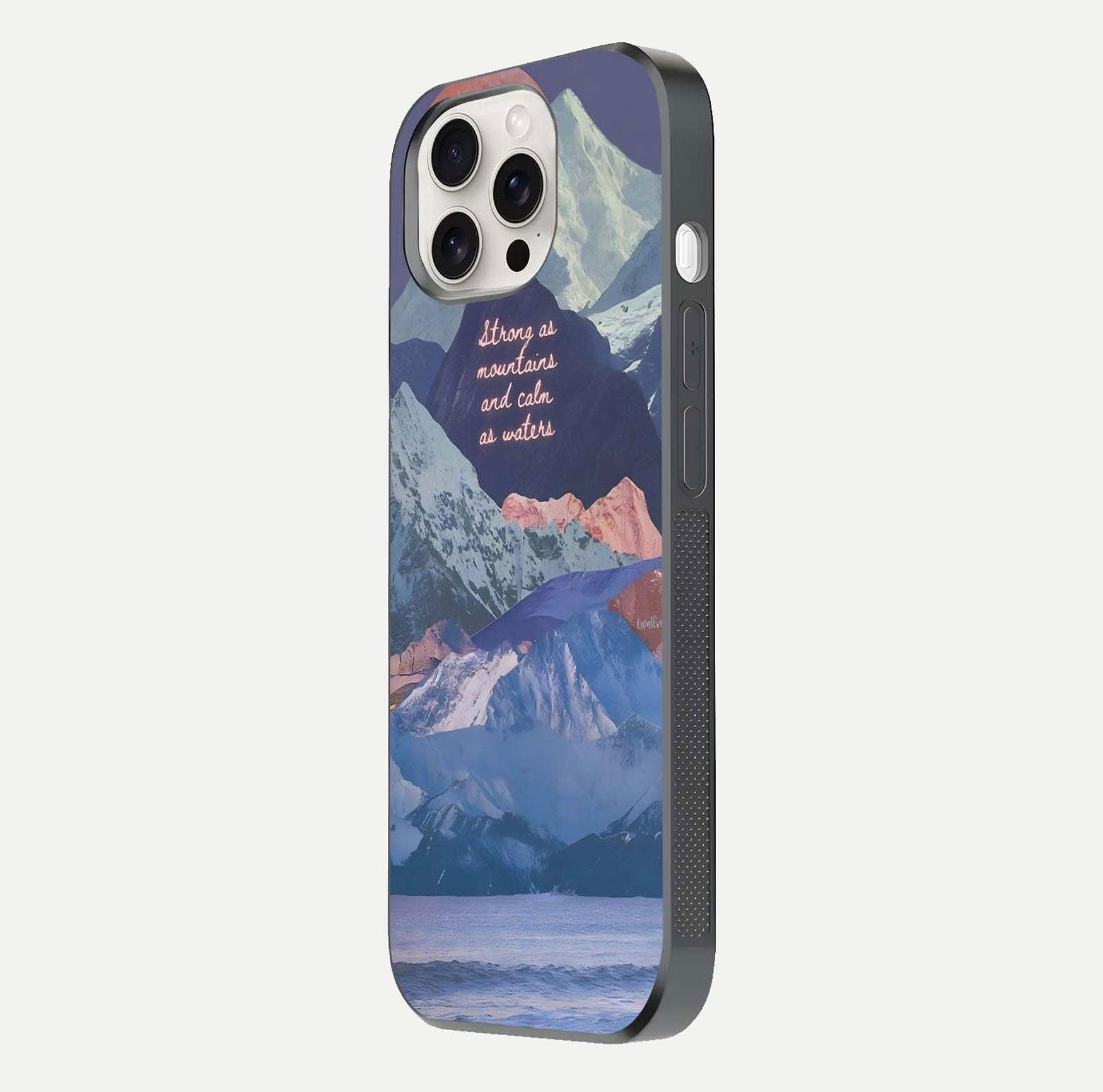 Celestial Mountain Calm Glass Case for iPhone 15 Pro Max side-angle image capturing mountain detail and shine gradient