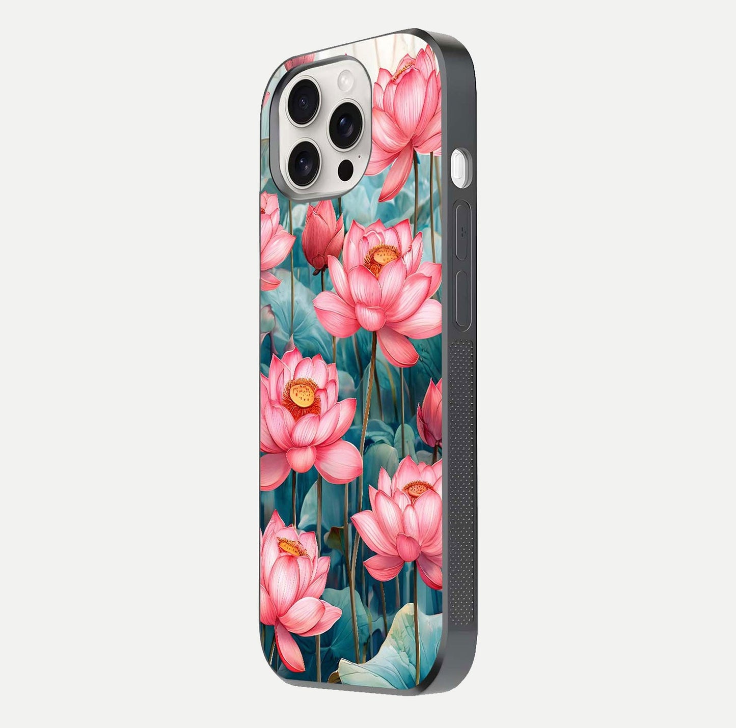 Celestial Pink Lotus Glass Case for iPhone 15 Pro Max side-angle image showing reflective shine and petal curve