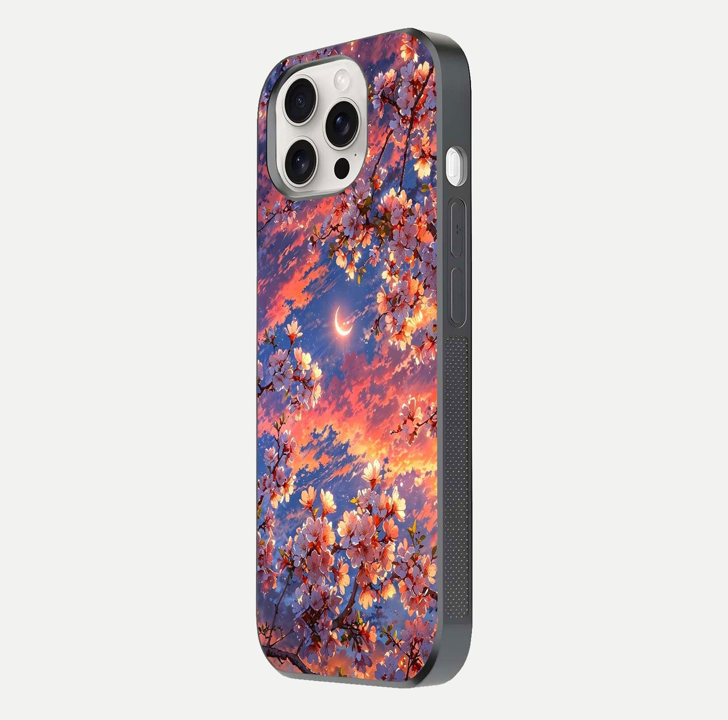 Celestial Sakura Sunset Glass Case for iPhone 15 Pro Max side-angle image showing edge glow and petal texture