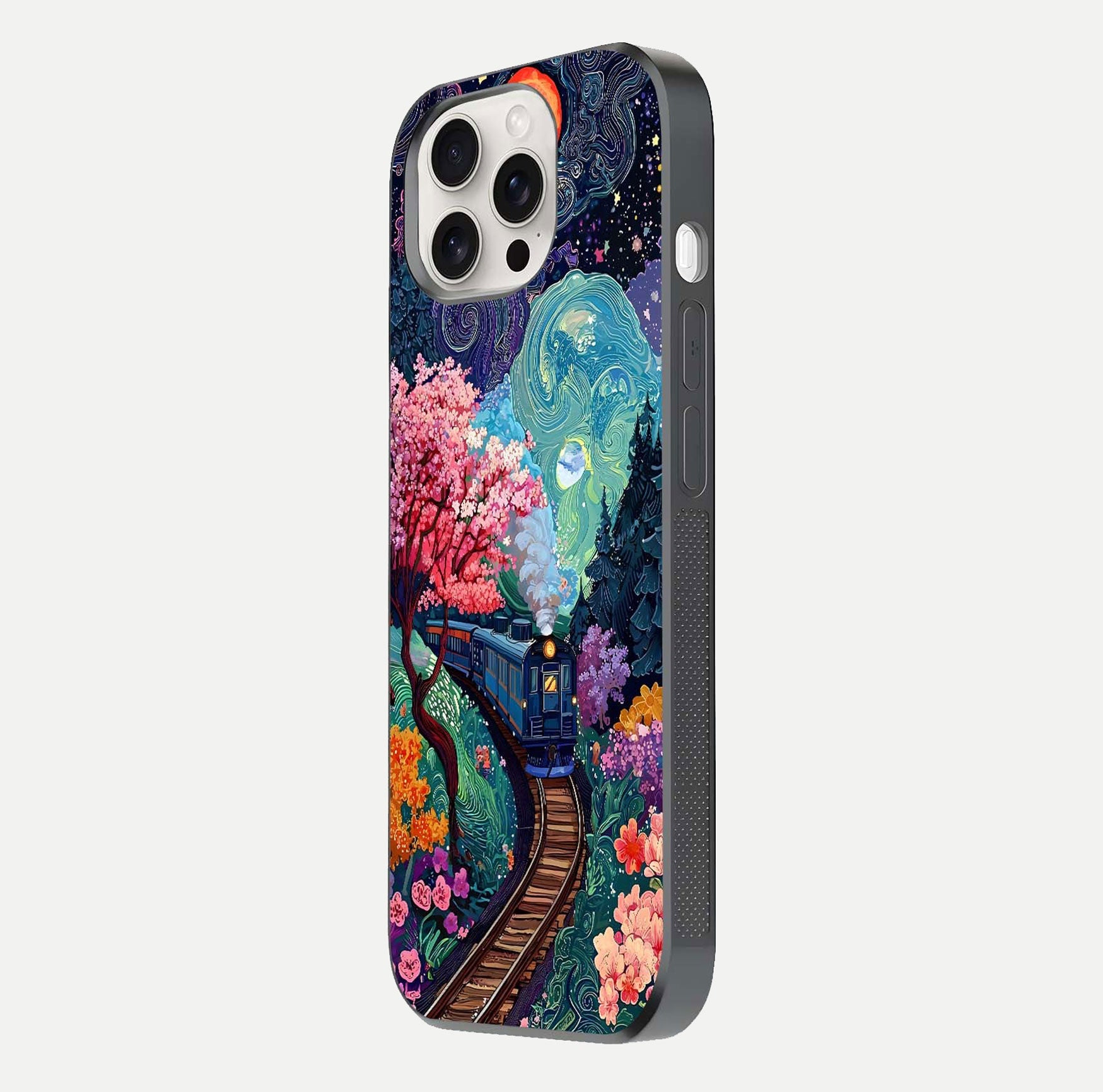 Celestial Train Journey Glass Case for iPhone 15 Pro Max side-angle image showing polished curve and HD print detail