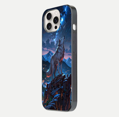 Celestial Wolf Howl Glass Case for iPhone 15 Pro Max side-angle image showing curve polish and moon glow