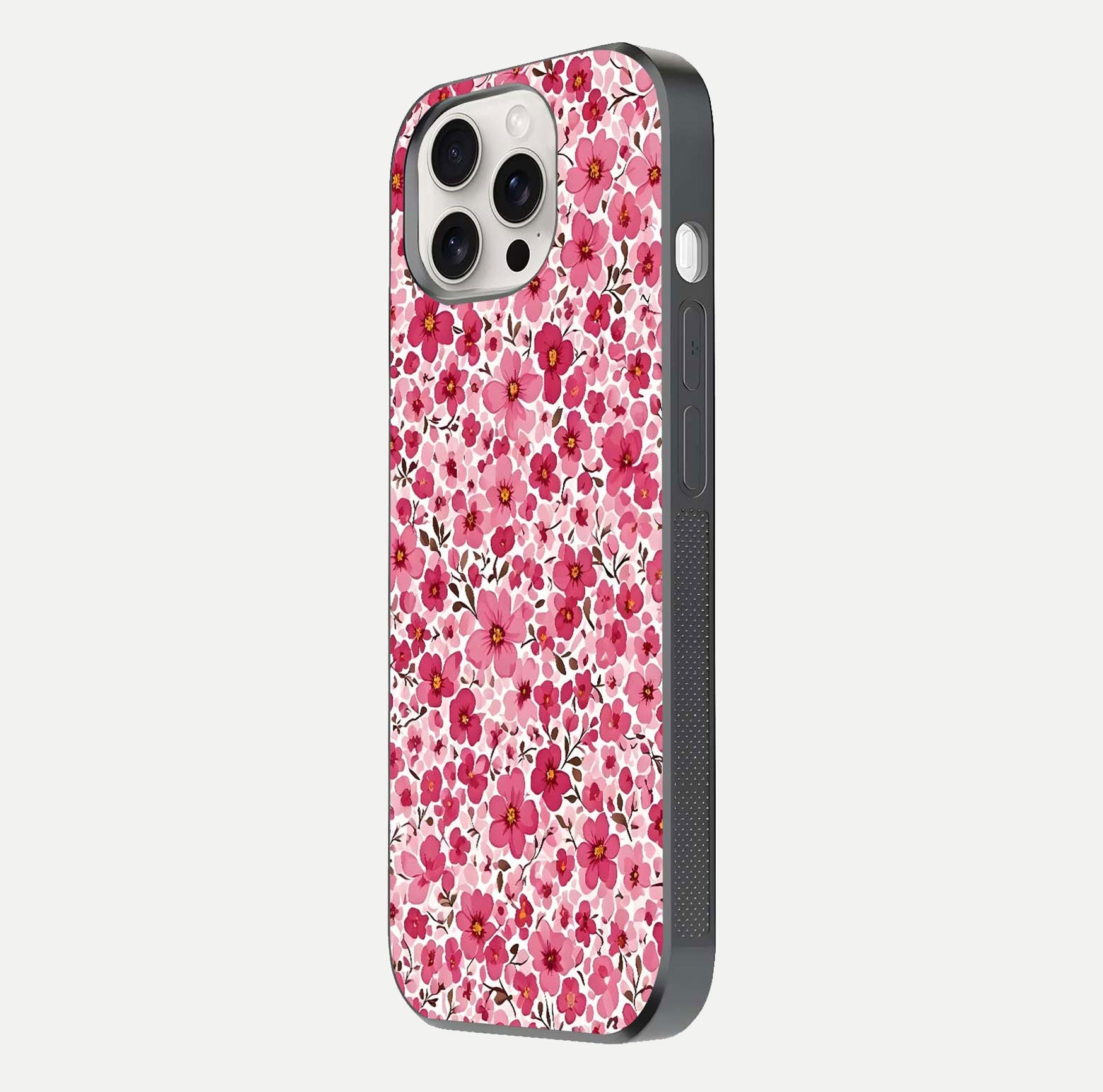 Cherry Blossom Charm Glass Case for iPhone 15 Pro Max side-angle image showing reflection gloss and soft texture