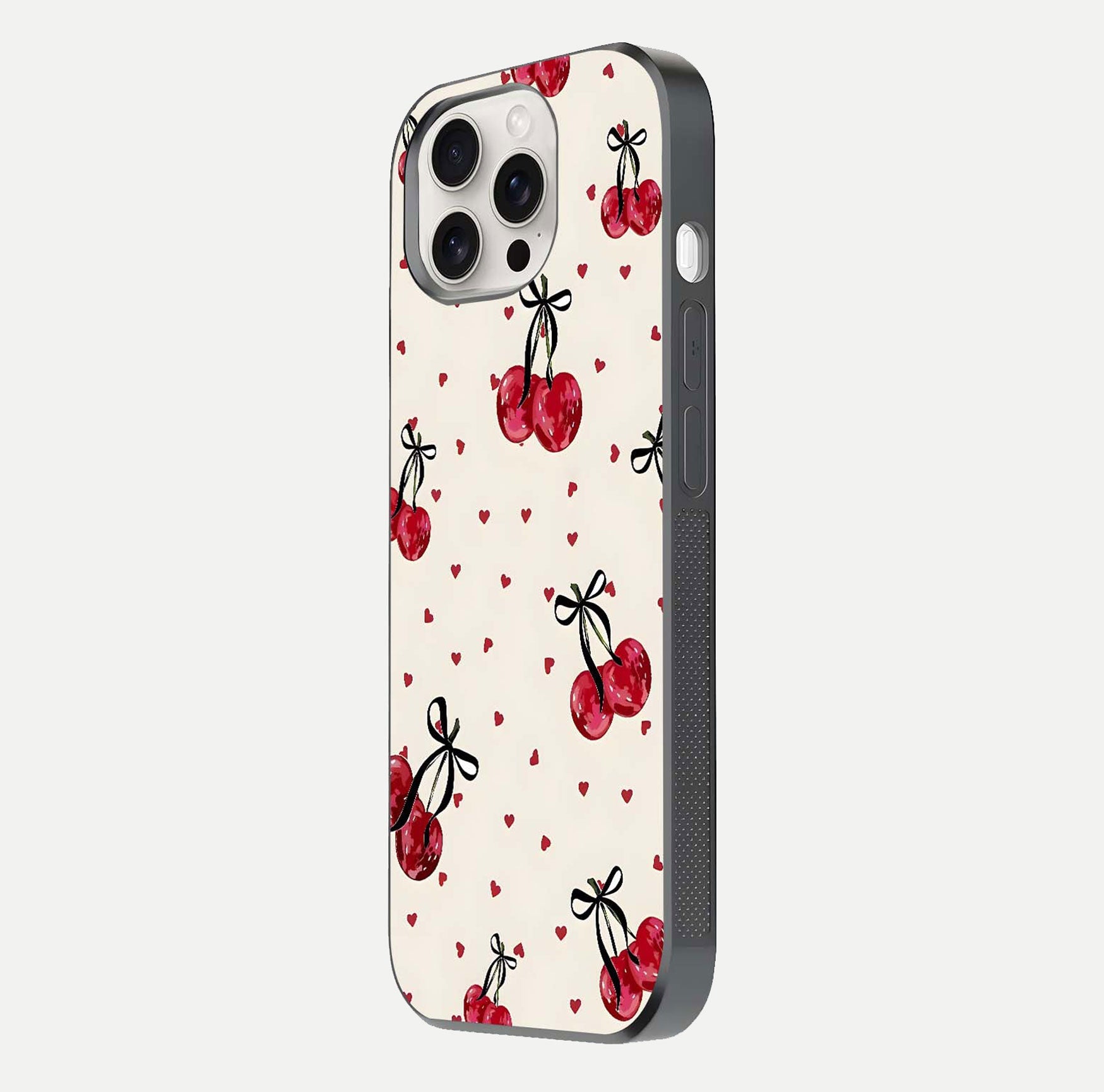 Cherry Heart Bow Glass Case for iPhone 15 Pro Max side-angle image capturing gloss texture and charm bow art