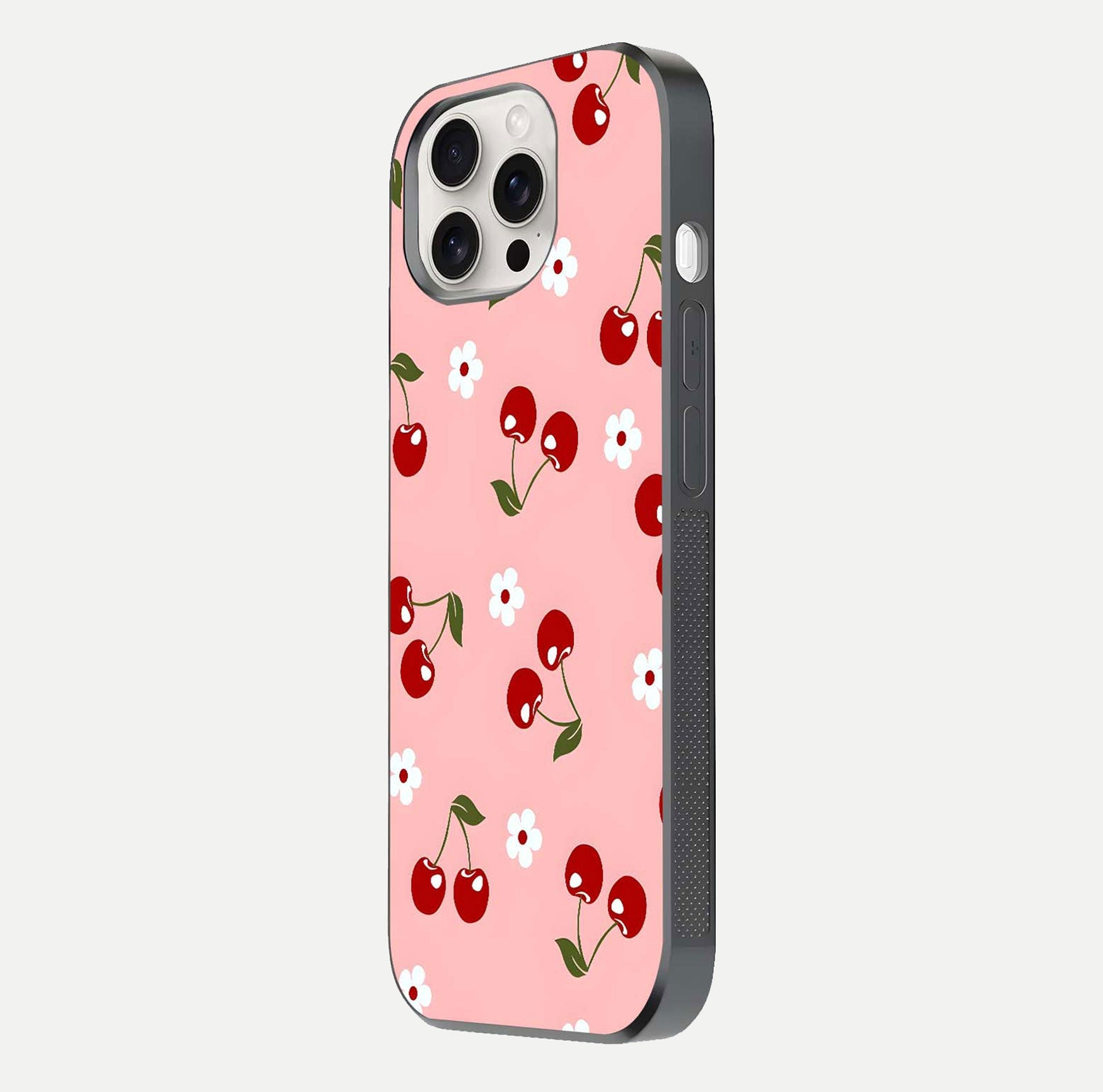 Cherry Love Mood Glass Case for iPhone 15 Pro Max side-angle image capturing smooth gloss and delicate details