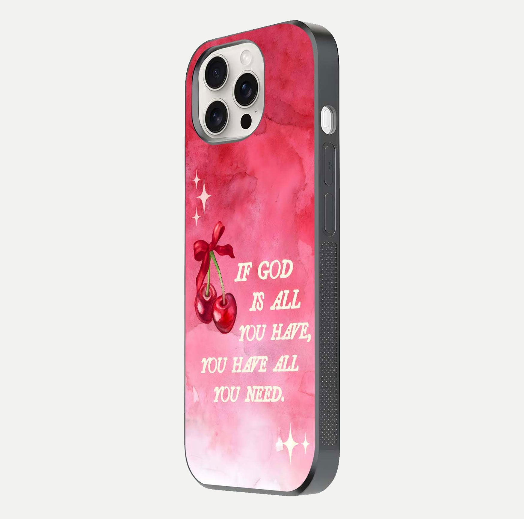 Cherry Quote Glass Case for iPhone 15 Pro Max side-angle image showing curve glow and glass detail