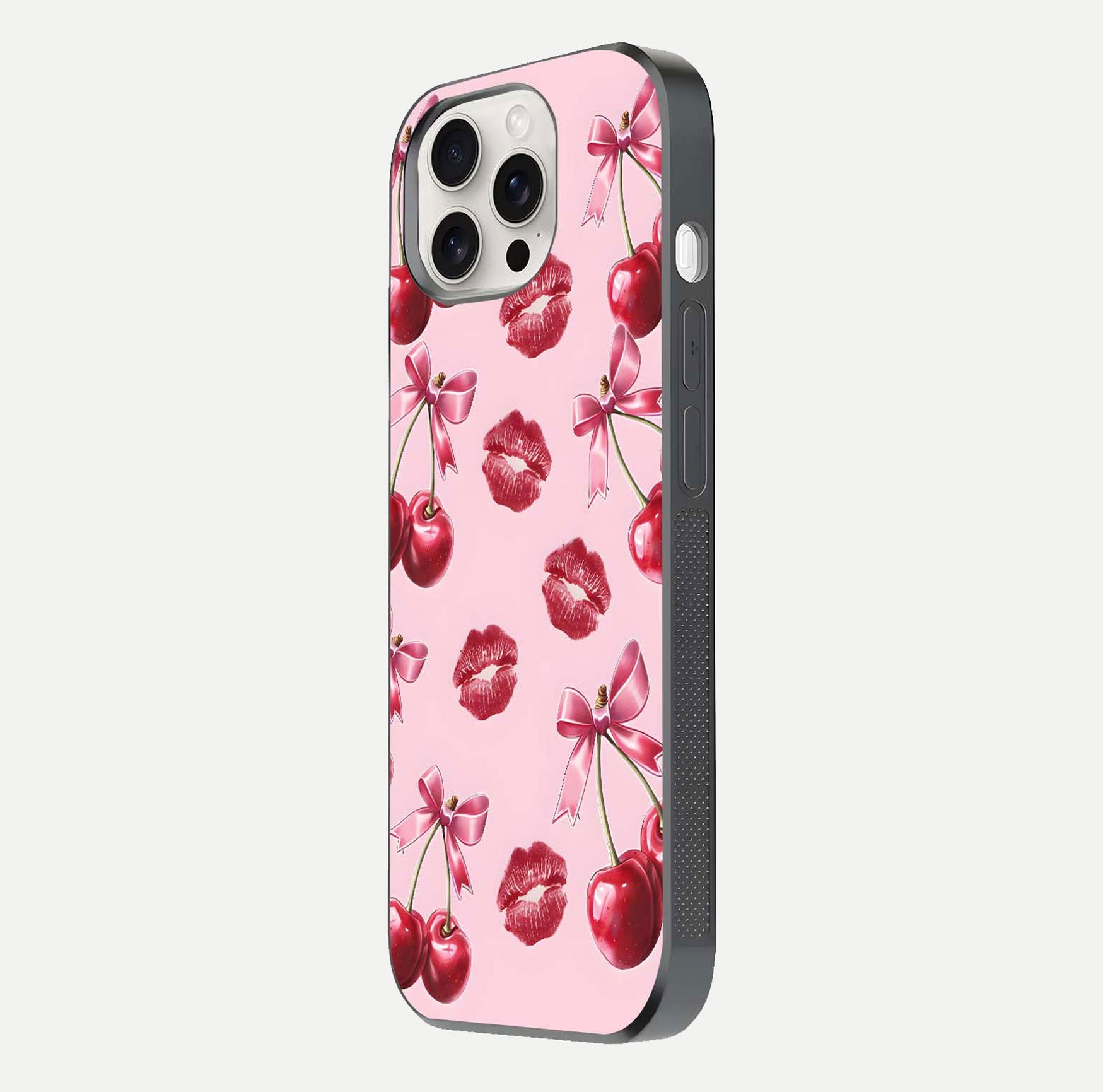 Cherry With Lips Glass Case for iPhone 15 Pro Max side-angle image showing gloss reflection and fine details