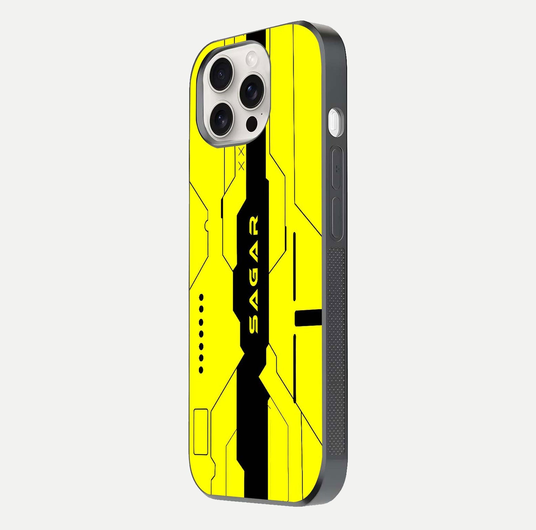 Circuit CYBERPUNK Custom Name Glass Case for iPhone 15 Pro Max side-angle image showing reflective finish and design precision