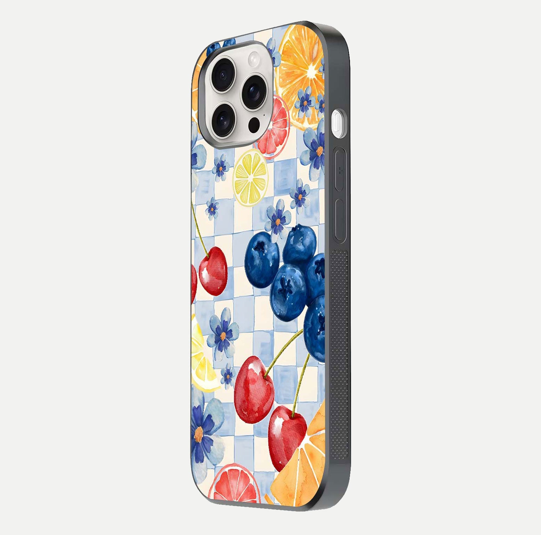 Citrus Bloom Joy Glass Case for iPhone 15 Pro Max side-angle photo capturing bright color and glass reflection