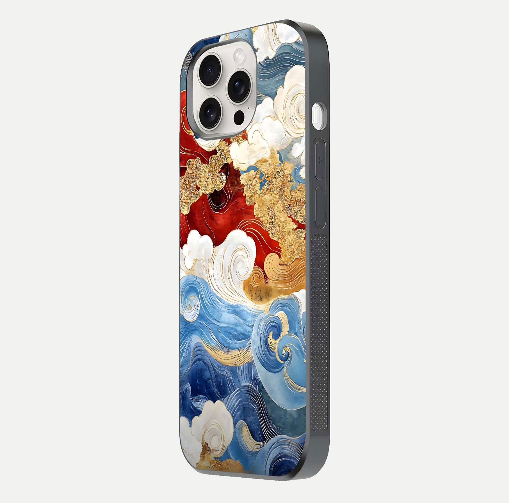Colored Waves Glass Case for iPhone 15 Pro Max side-angle image showing light reflection, edge design, and shine