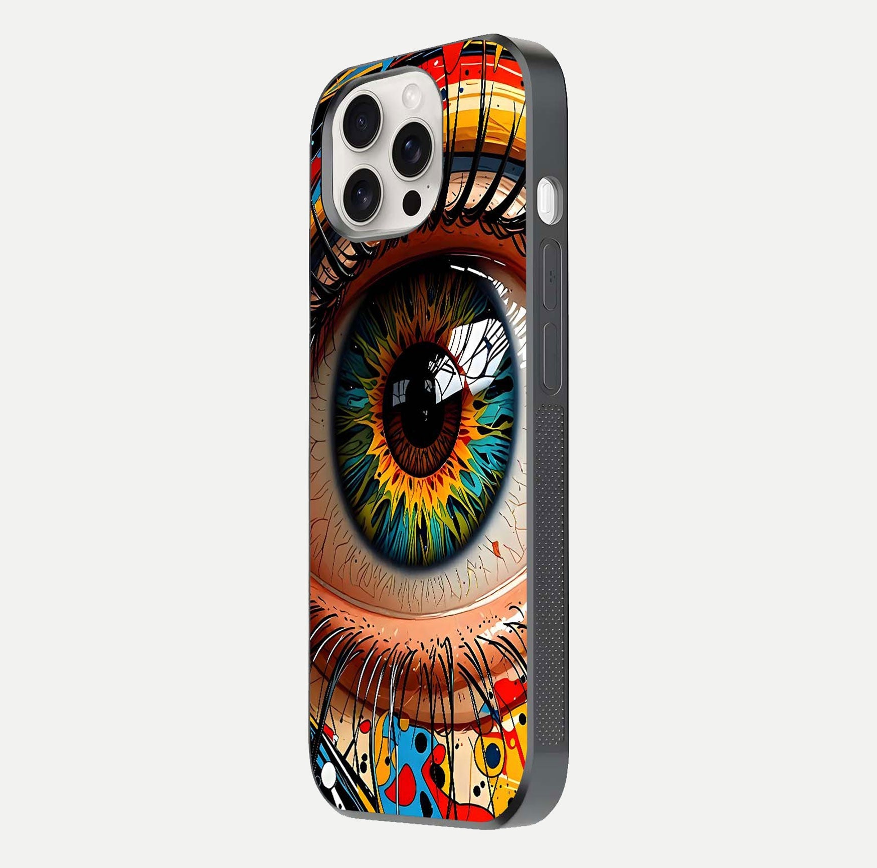 Colorful Eye Glass Case for iPhone 15 Pro Max side-angle photo showing reflective surface and design detail
