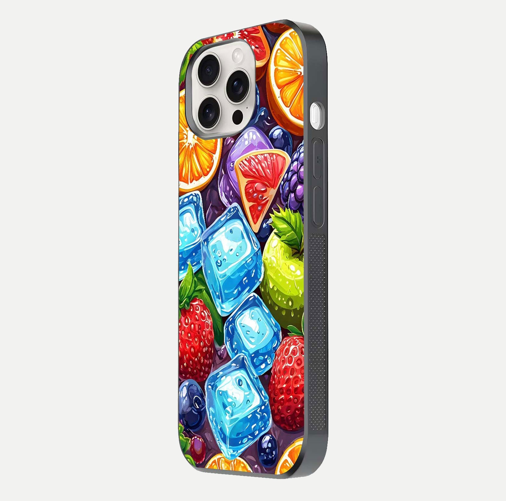 Colorful Fruits with Ice Glass Case for iPhone 15 Pro Max side-angle photo showing curve gloss and vivid tones