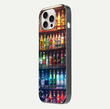 Colorful Soda Bottles Glass Case for iPhone 15 Pro Max side-angle photo showing polish shine and texture depth