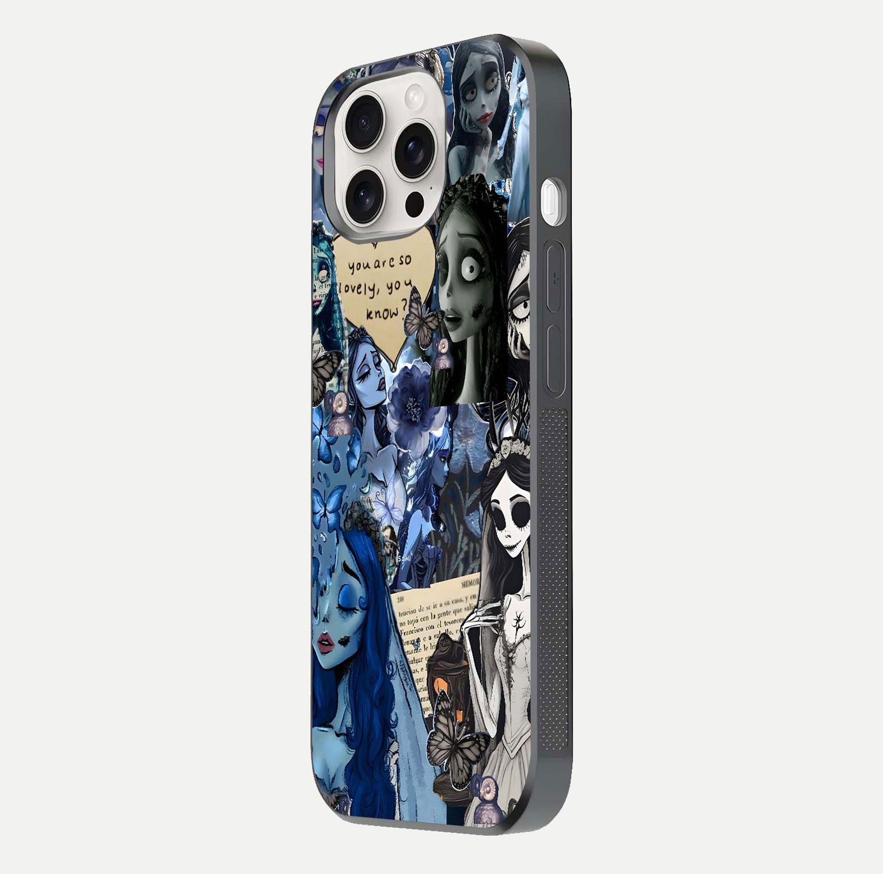 Corpse Bride Posters Glass Case for iPhone 15 Pro Max side-angle image capturing gloss reflection and smooth edge