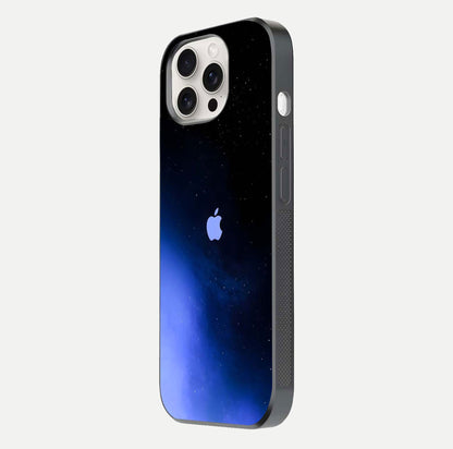 Cosmic Blue Apple Glass Case for iPhone 15 Pro Max side-angle image showing curve polish and star detail