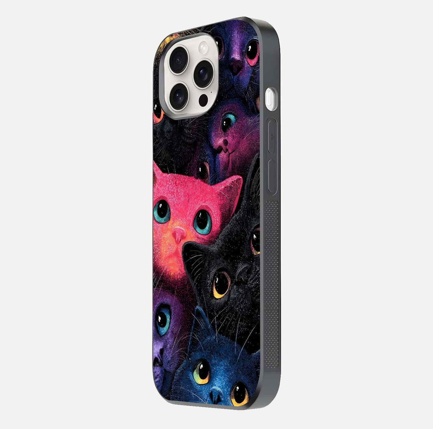 Cosmic Cats Dreams Glass Case for iPhone 15 Pro Max side-angle photo showing edge gloss and color depth