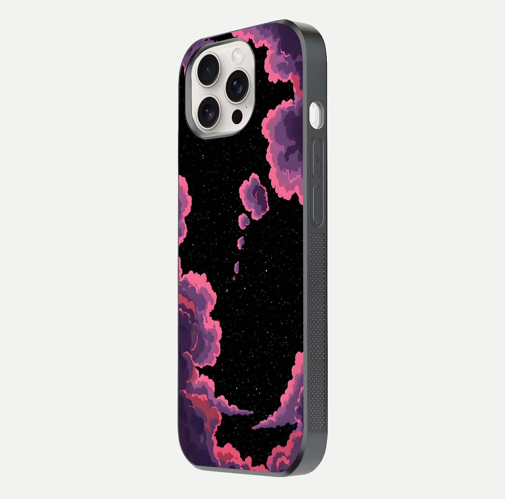 Cosmic Cloud Journey Glass Case for iPhone 15 Pro Max side-angle photo showing glass reflection and smooth tone