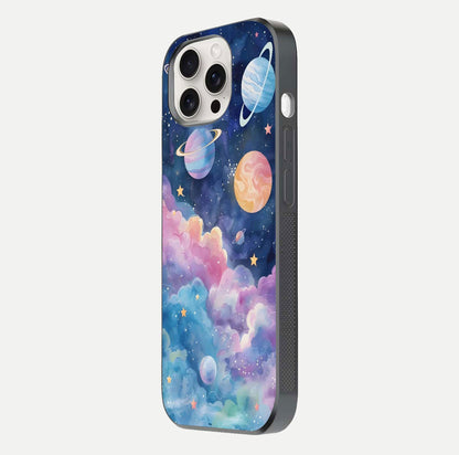 Cosmic Planet Dreams Glass Case for iPhone 15 Pro Max side-angle image showing texture clarity and shine
