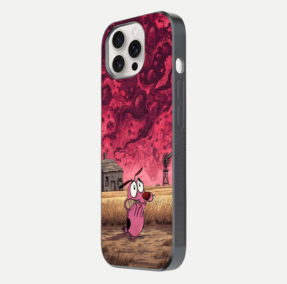 Courage Under Sky Glass Case for iPhone 15 Pro Max side-angle photo showing gloss tone and curve highlight