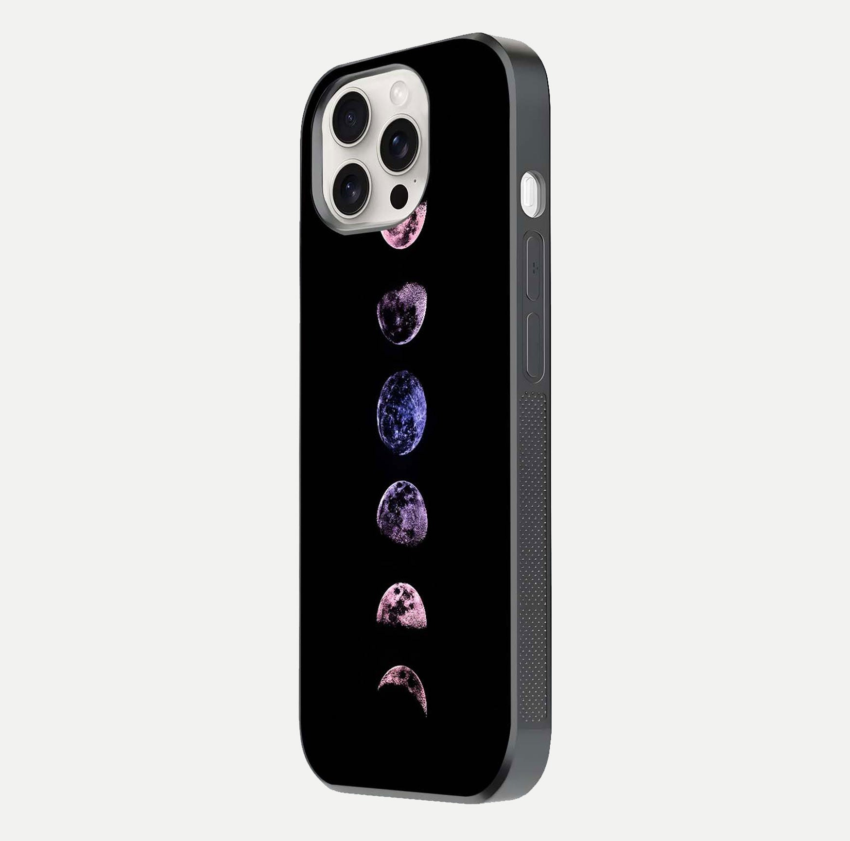 Crimson All Planets Glass Case for iPhone 15 Pro Max side-angle photo capturing edge glow and glass reflection