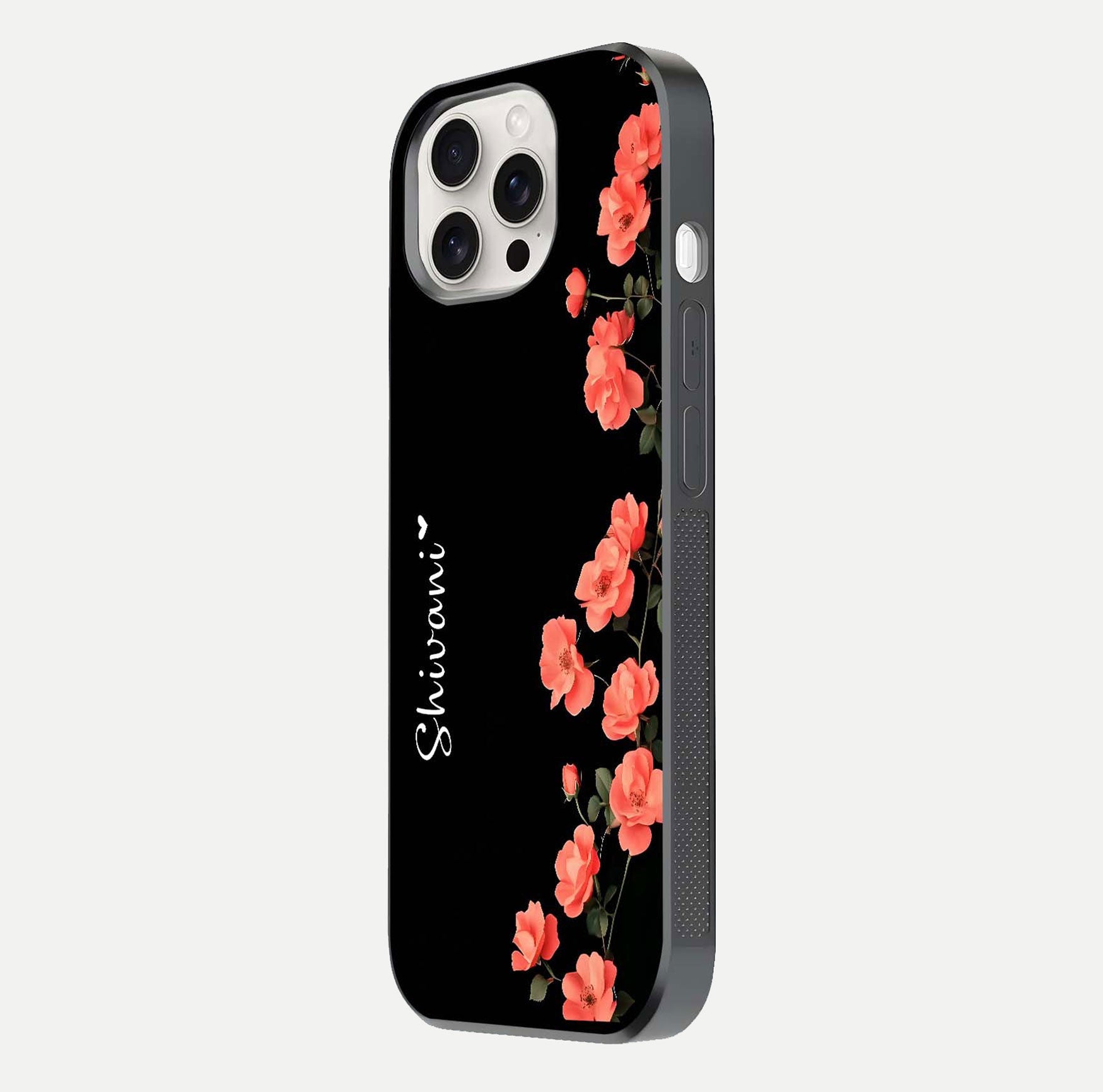 Crimson Bloom Grace Custom Name Glass Case for iPhone 15 Pro Max side-angle photo capturing edge glow and name clarity