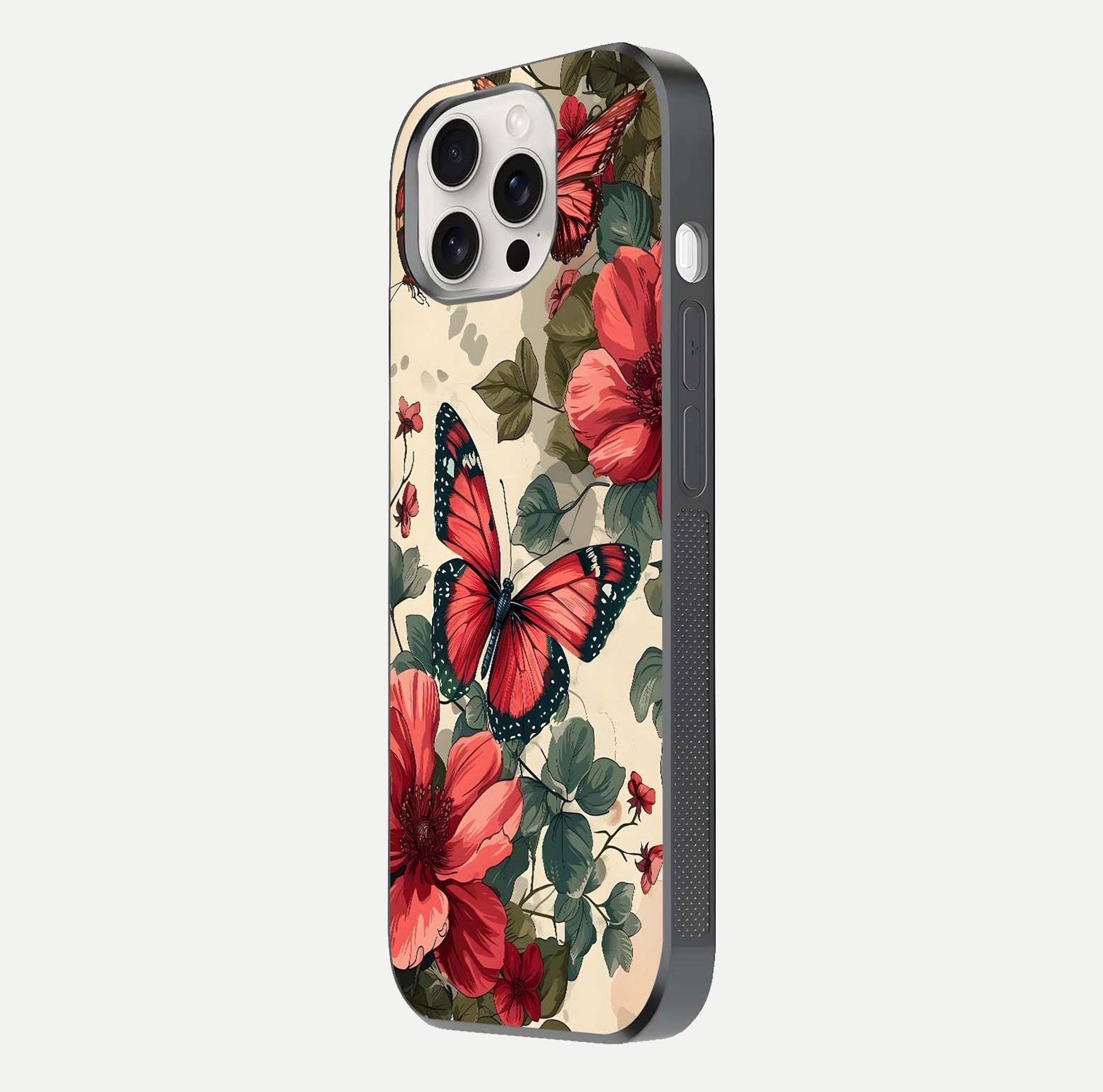 Crimson Butterfly Garden Glass Case for iPhone 15 Pro Max side-angle photo capturing gloss texture and soft tone