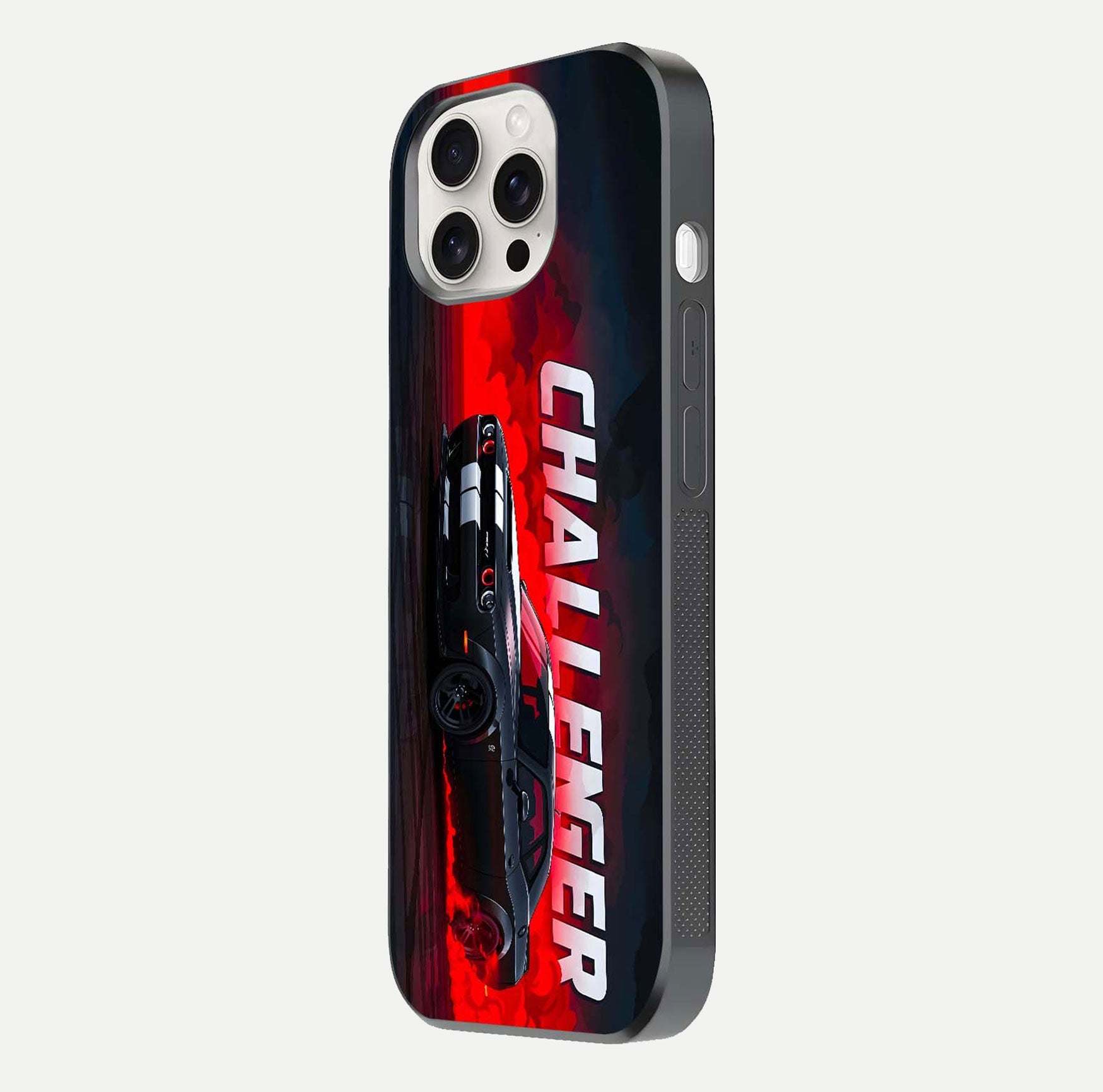Crimson Challenger Fury Glass Case for iPhone 15 Pro Max side-angle image showing curve reflection and red finish